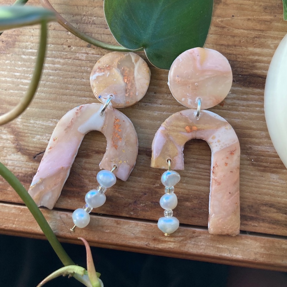 Rose quartz and pearl polymer clay earrings